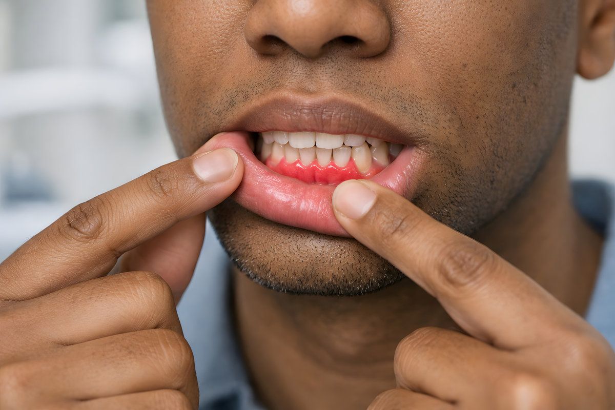 Person examining gums for health